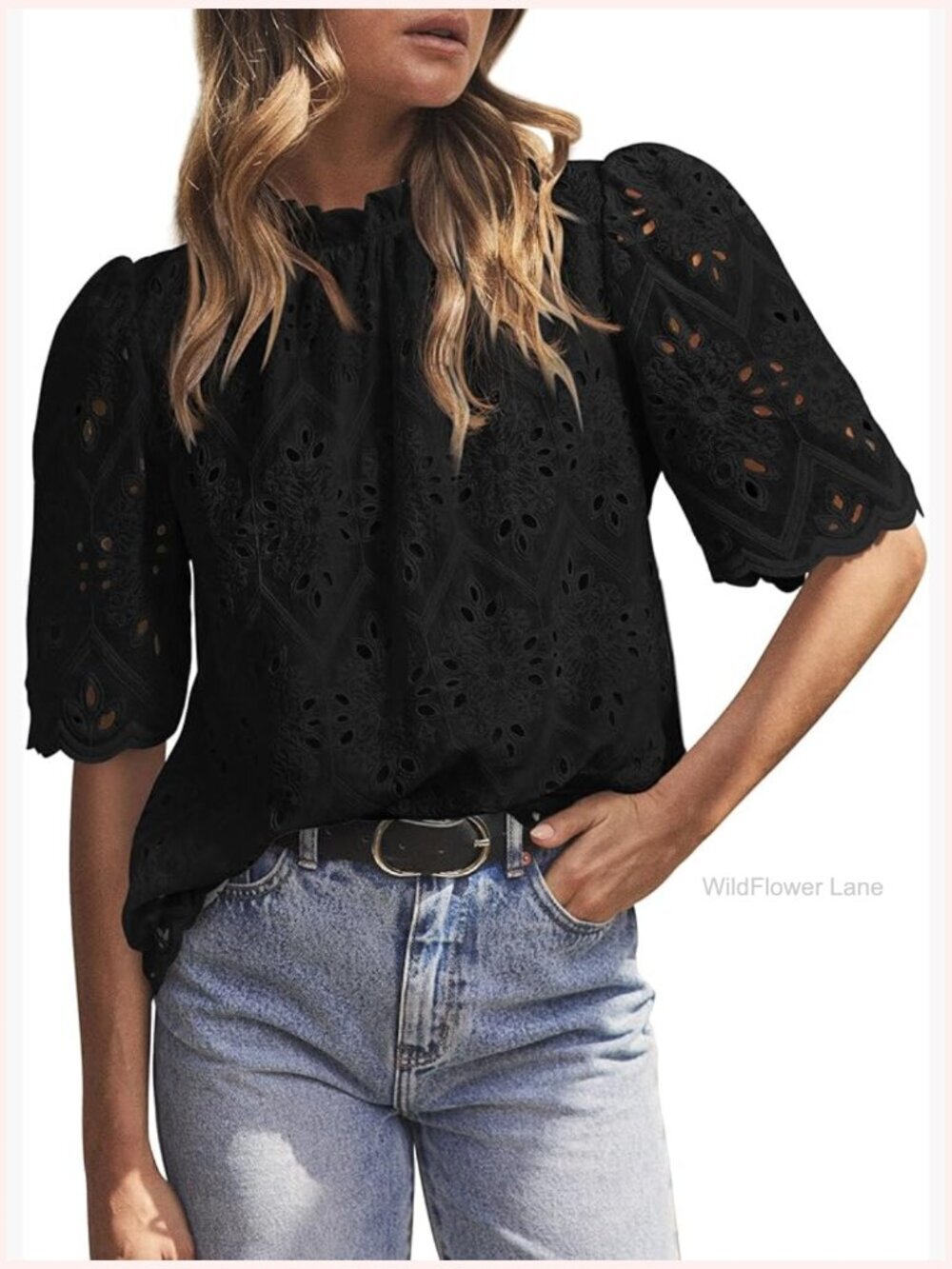 Women's Short Sleeve Eyelet Blouse - Dressy Casual Summer Top